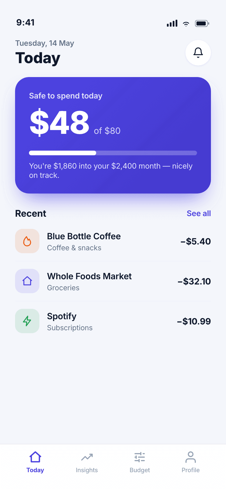 Today view showing safe-to-spend amount for the day