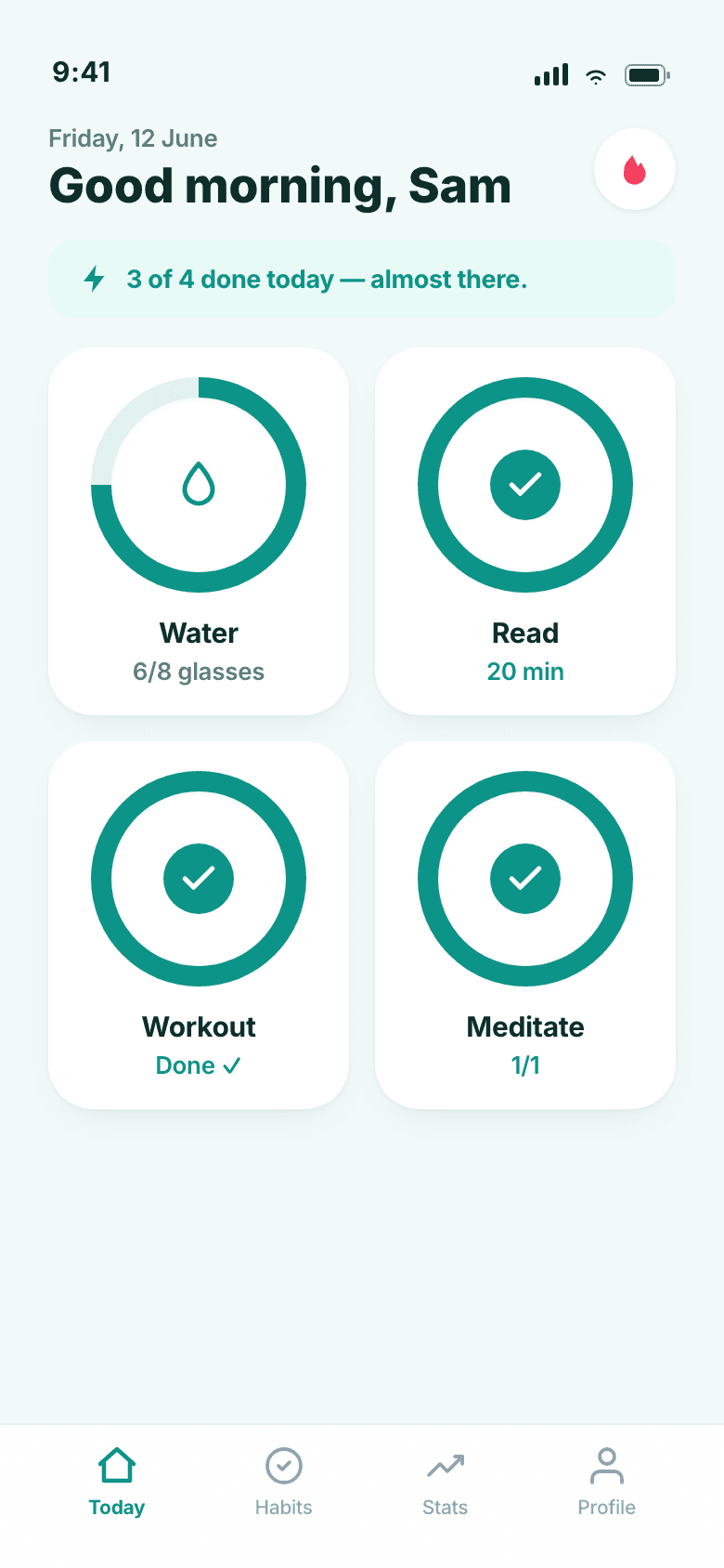 Home screen showing today's habits as large tappable rings